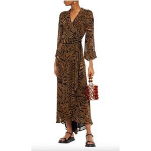 Ganni Tiger Print Georgette Long Sleeve Wrap V-Neck Dress In Brown Size 38 US 8